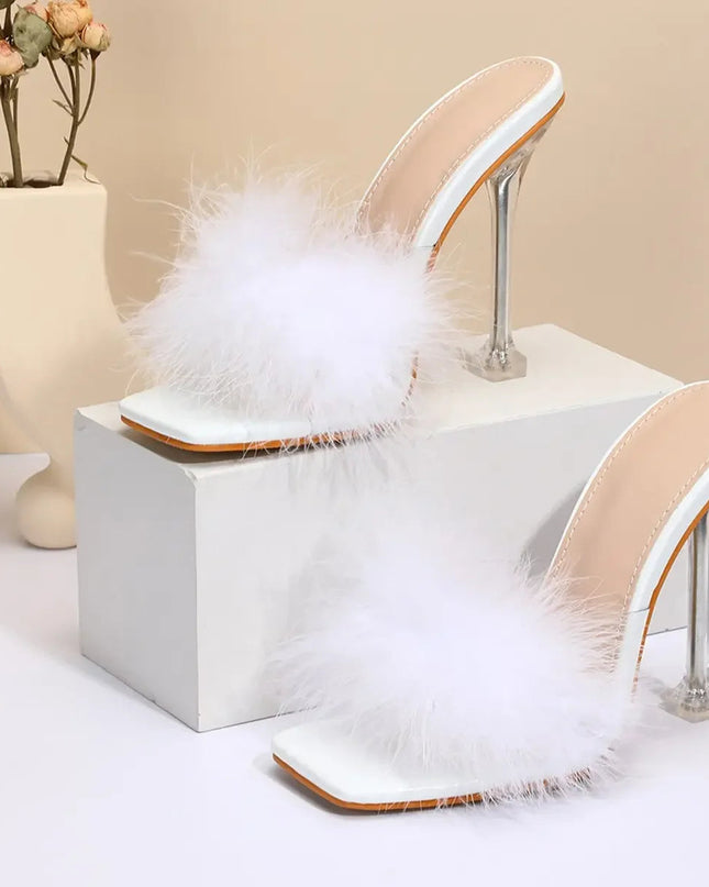 Women Rabbit White Fur Clear PVC Slippers Square Toe Stilettos Slides Transparent Crystal High Heels Sandals Mules Glass Heels