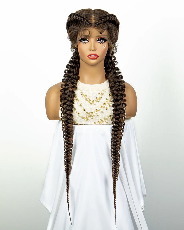 1B/30 Dark Brown Synthetic Lace Frontal Dutch Box Braided Wigs for Black Women Fishtail Braids Wigs with Baby Hair Cornrow Wigs Caethelstore.com