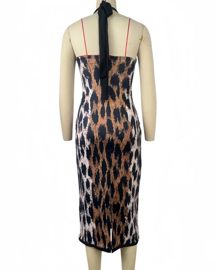 Leopard Print V-Neck Sleeveless Midi Dress