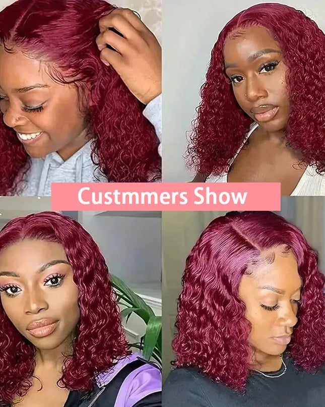99J Colored Curly Deep Water Wave 13x4 Lace Front Wigs Preplucked Burgundy Red Short Cut Bob Frontal Wig 100% Human Hair 14 Inch