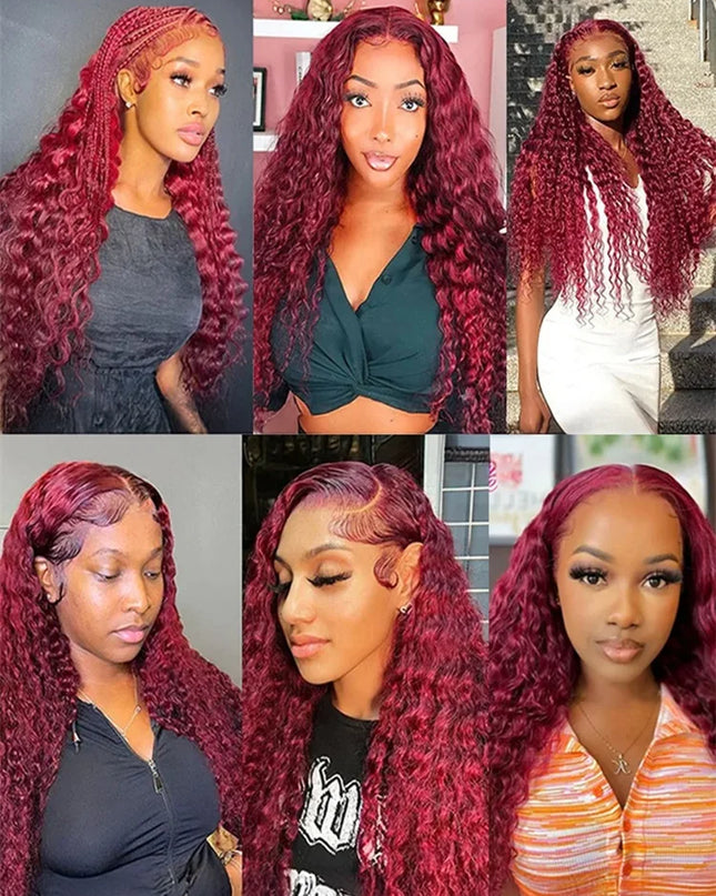 100% Human Hair Deep Wave 99J Burgundy 13x4 Lace Frontal Wig 13x6 Curly 30 40 Inch HD Lace Front Wigs Red Water Kinky Brazilian