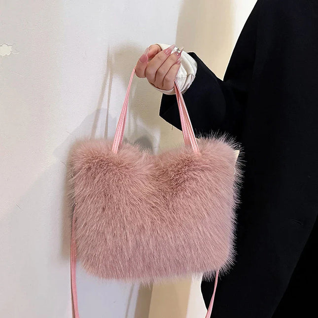 Pink Faux Fur Tote Bag Women's Shoulder Bag, Winter Plush Handbag Trendy Stylish