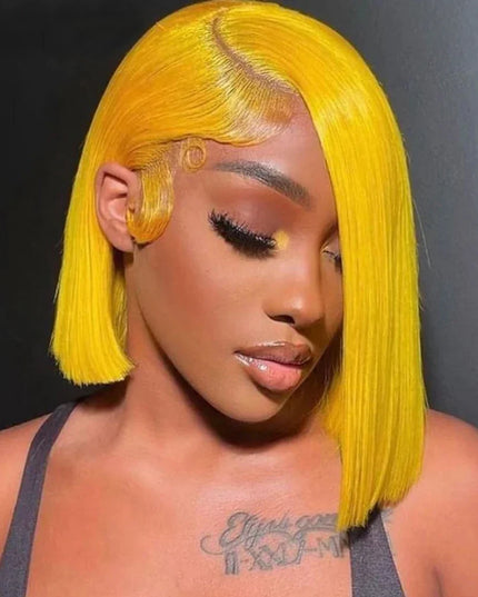 Straight Lace Bob Wig Yellow 13x4 Lace Front Human Hair Wig For Women Transparent Short Bob Wig Pixie Cut Brazilian 220% Density