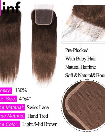 Chocolate Brown Bone Straight Human Hair Bundles with 4x4 Lace Closure Frontal Remy Brazilian Hair Weave Bundles with Closure HOL stores