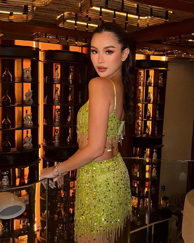 Sexy Tassel Chains Women's Set Elegant Solid Sequins Hip Package Female Party Mini Skirts Summer Holiday Lady Outfit Beachwear Urban Fashion Icon