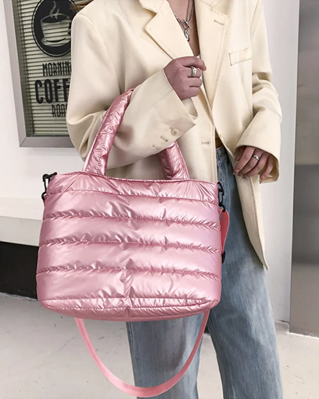 Pink Puffer Tote Bag - Woman Holding Quilted Handbag, Puffy Shoulder Bag, Lightweight Crossbody Purse
