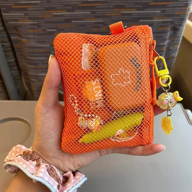 Orange mesh makeup bag coin purse mini bag with duck and banana charms