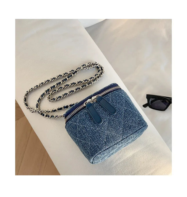 Mini denim crossbody bag with Lingge chains for women, fashion designer inspired shoulder purse