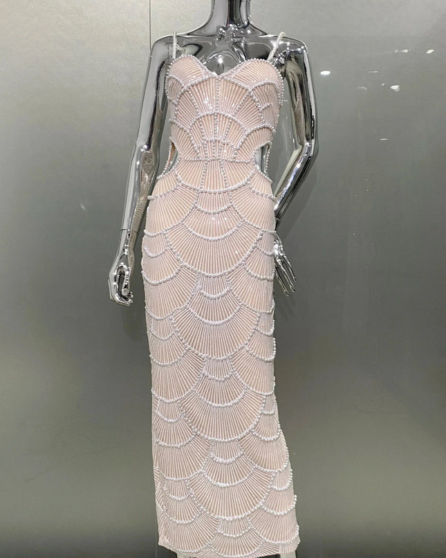 STOCK New Arrival Shining Sequins Beading Hollow Out Spaghetti Strap Long Dress Woman Birthday Party Dress Sweet Dateing Outfit