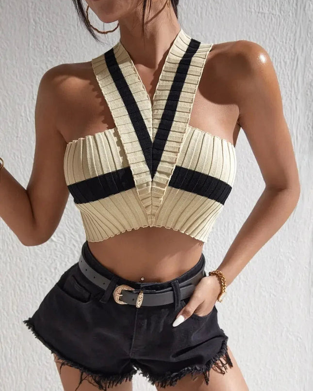 Summer New Women Sexy Casual Colorblock Crisscross Backless Halter Knit Crop Tops Femme Slim Stretch Sleeveless Y2k Tank Tee