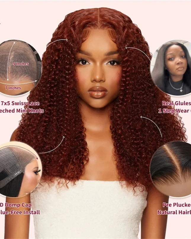 Beautyforever Bye Bye Knots 3.0 Glueless Human Hair Wigs Ready to Wear Jerry Curly Reddish Brown Color Lace Front Human Hair Wig