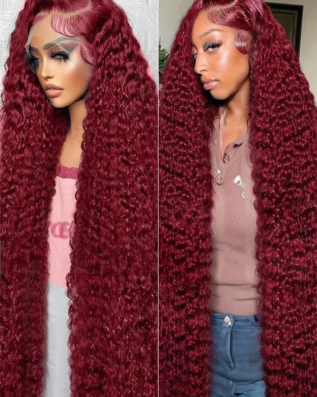 100% Human Hair Deep Wave 99J Burgundy 13x4 Lace Frontal Wig 13x6 Curly 30 40 Inch HD Lace Front Wigs Red Water Kinky Brazilian