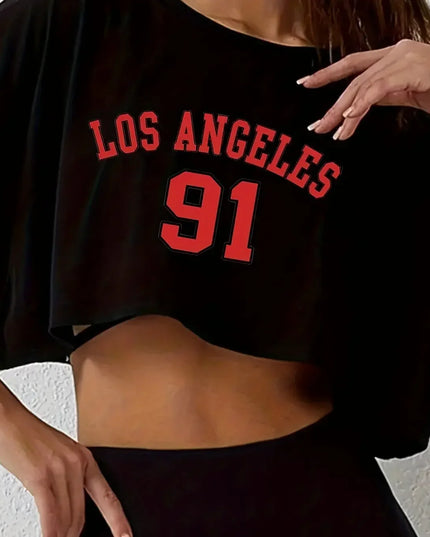 Los Angeles Number 91 Graphic Round Neck Sports Crop T-shirt