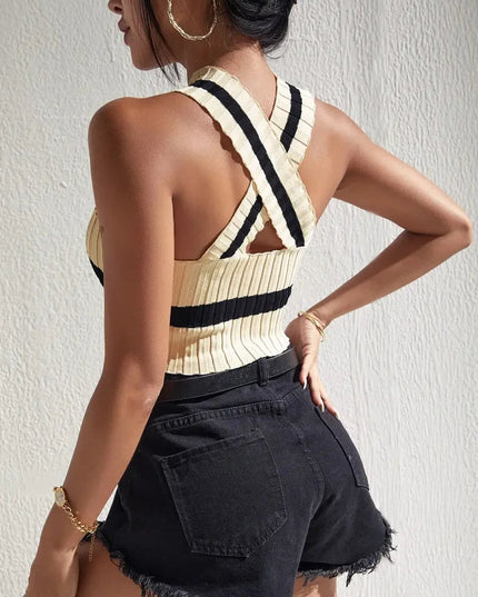 Summer New Women Sexy Casual Colorblock Crisscross Backless Halter Knit Crop Tops Femme Slim Stretch Sleeveless Y2k Tank Tee