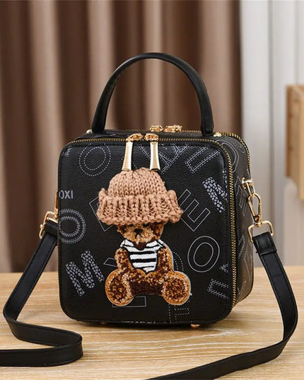 PU Leather Shoulder Bags | Fashion Simple Cute Cartoon Bear Crossbody Bag & Messenger Bag (Women's Small Square Handbags)