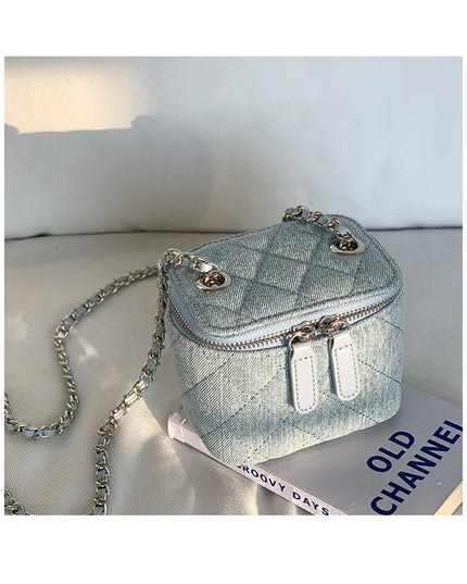 Mini denim crossbody bag for women with Lingge chain strap, stylish fashion box handbag