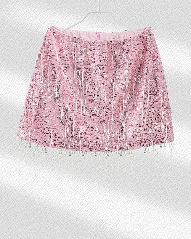 Sexy Tassel Chains Women's Set Elegant Solid Sequins Hip Package Female Party Mini Skirts Summer Holiday Lady Outfit Beachwear Urban Fashion Icon