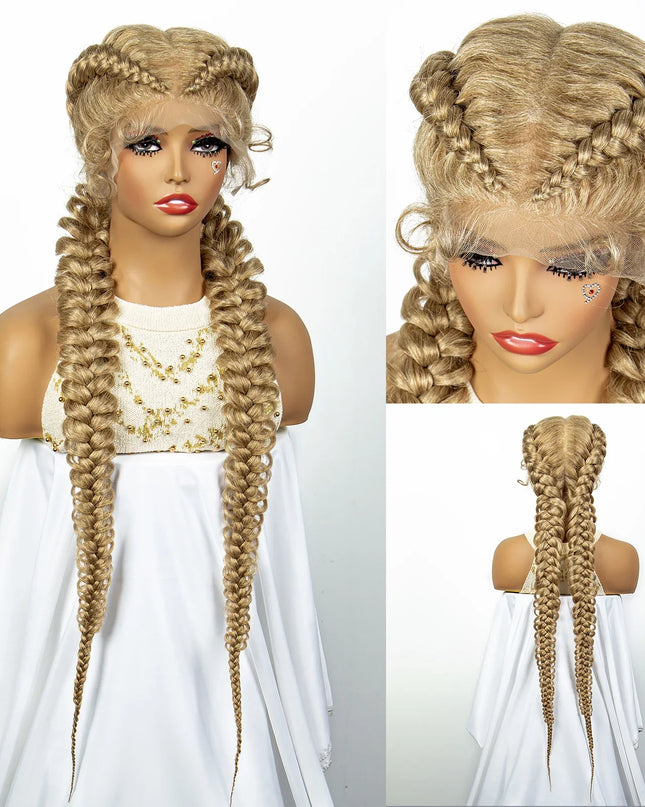 1B/30 Dark Brown Synthetic Lace Frontal Dutch Box Braided Wigs for Black Women Fishtail Braids Wigs with Baby Hair Cornrow Wigs Caethelstore.com