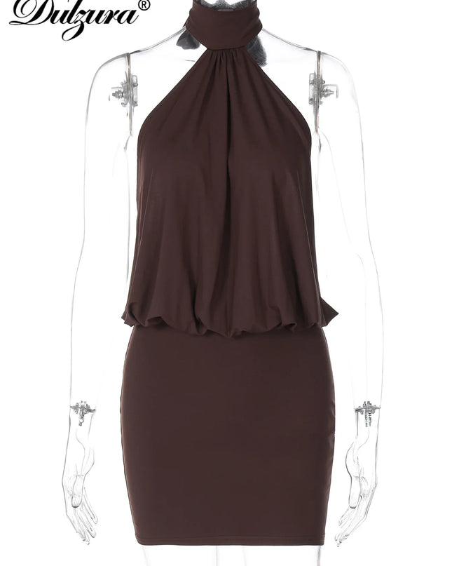 Dulzura Summer Fashion Sexy Halter Sleeveless Lace-Up Backless Bodycon Mini Dress for Women, Solid Elegant Party Club Street Outfit Urban Fashion Icon