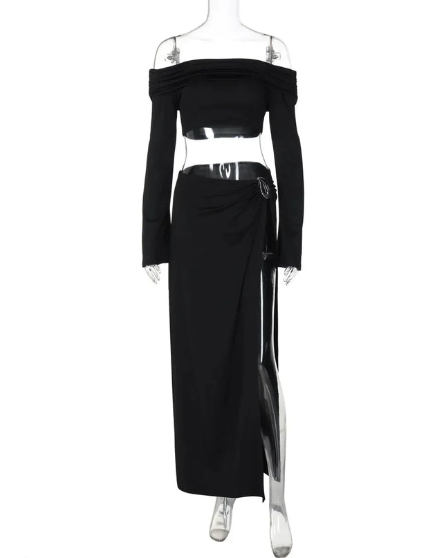 Women's Solid Beach Skirt Sets Sexy High Split Slim Bohemian Outfits Off The Shoulder Holiday Fashion 2 Piece Set 2025 Beachwear