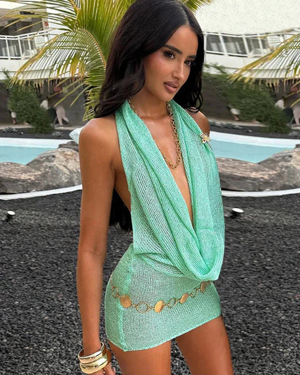 Solid Colour Sexy Stacked V Neck Sleeveless Backless Knit Beach Mini Dress 2025 Women Summer Swimsuit Cover Up Party Outfit K145