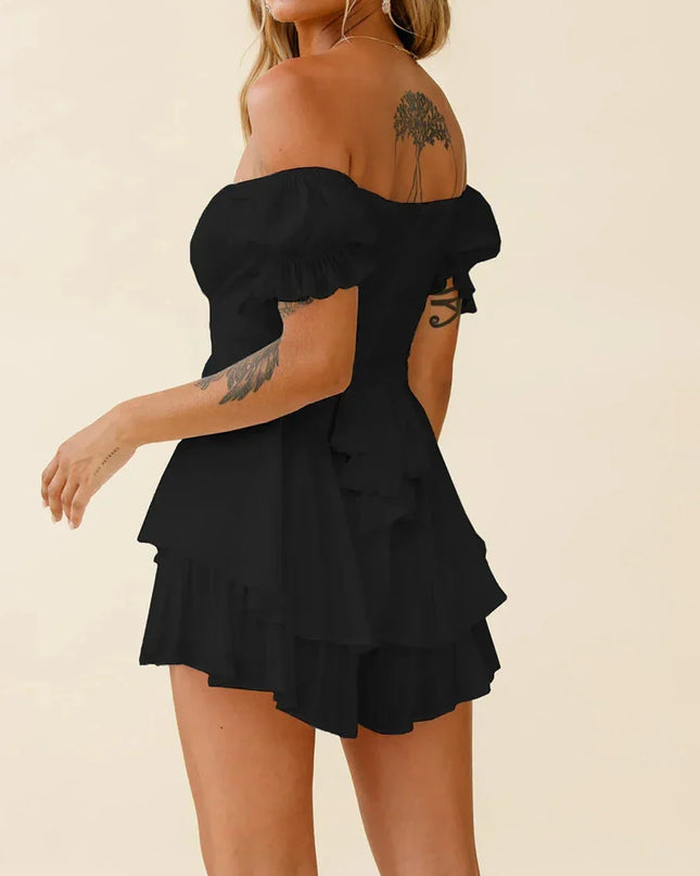 Women s Boho Off Shoulder Romper Double Layer Ruffle Hem Lantern Long Sleeve Waist Tie Back Chiffon Short Jumpsuits