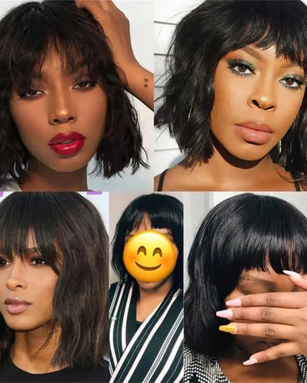 Short Bob Wig Body Wave Human Hair Wig With Bangs Full Machine Made Glueless For Black Women Loose Body Wave Human Hair Wig
