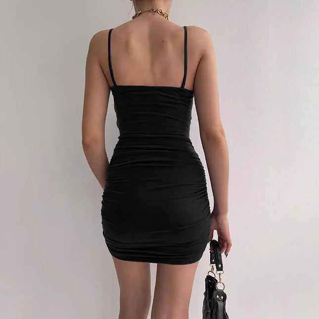 2022 Sexy Spaghetti Strap Bodycon Dress Women Backless Folds Wrap Hip Dresses Female Causal Streetwear Slim Dress Vestidos Robes Caethelstore.com