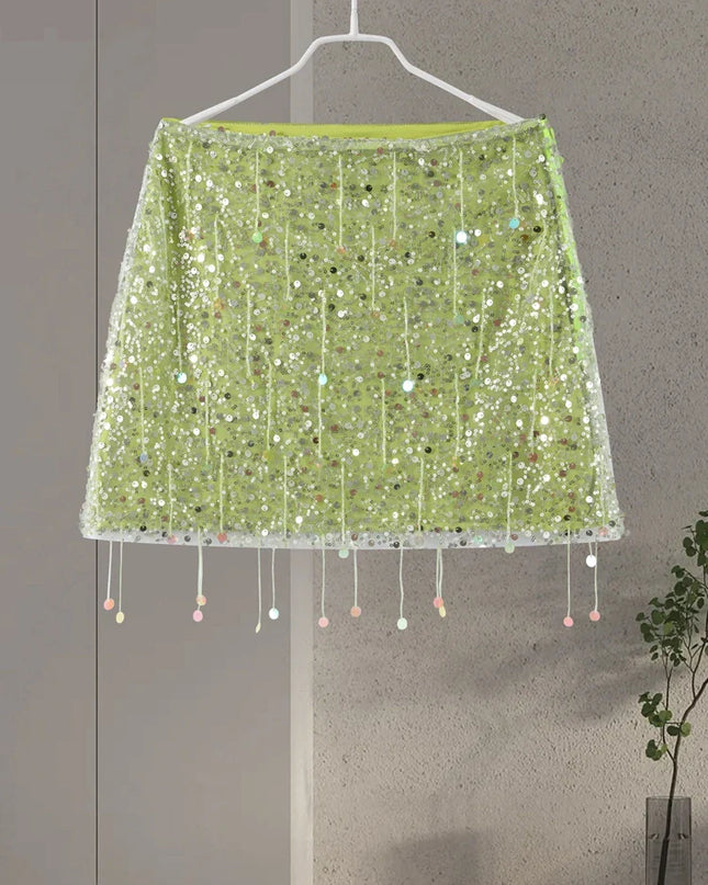 Sexy Tassel Chains Women's Set Elegant Solid Sequins Hip Package Female Party Mini Skirts Summer Holiday Lady Outfit Beachwear Urban Fashion Icon