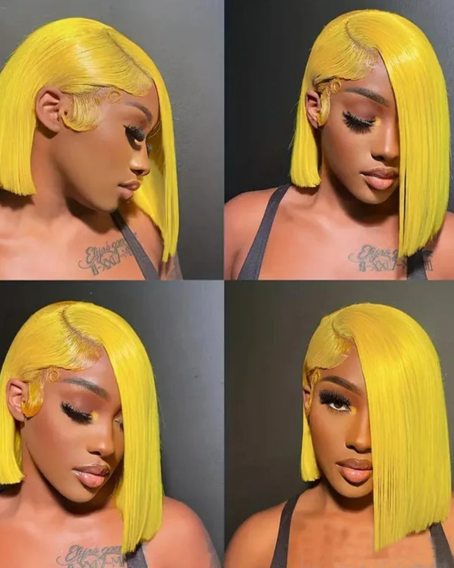 Straight Lace Bob Wig Yellow 13x4 Lace Front Human Hair Wig For Women Transparent Short Bob Wig Pixie Cut Brazilian 220% Density