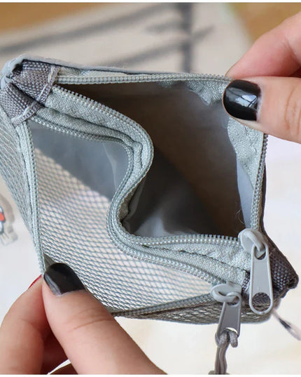 Gray mesh double zipper coin purse and card holder mini bag with Hello Kitty charm.