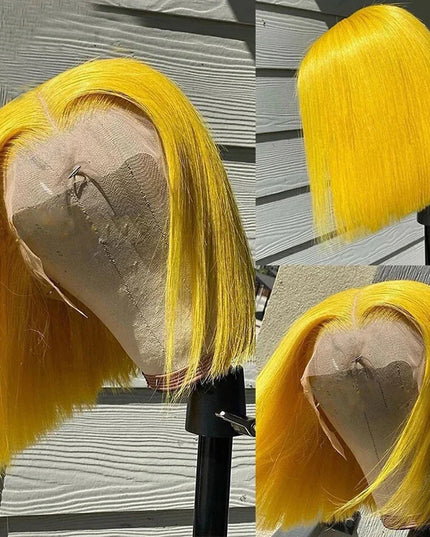 Straight Lace Bob Wig Yellow 13x4 Lace Front Human Hair Wig For Women Transparent Short Bob Wig Pixie Cut Brazilian 220% Density