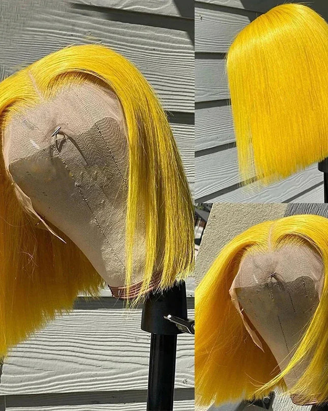 Straight Lace Bob Wig Yellow 13x4 Lace Front Human Hair Wig For Women Transparent Short Bob Wig Pixie Cut Brazilian 220% Density