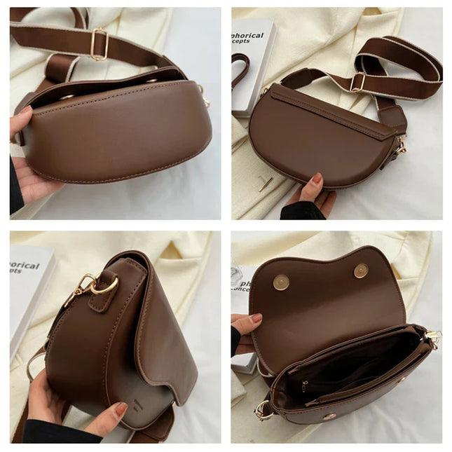 Women's Vintage Solid Color Flap Small Saddle Shoulder & Underarm Bag | Fashion PU Leather Wide Strap Crossbody Bag