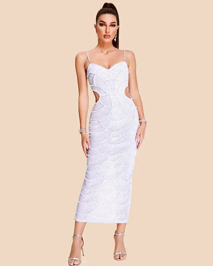 STOCK New Arrival Shining Sequins Beading Hollow Out Spaghetti Strap Long Dress Woman Birthday Party Dress Sweet Dateing Outfit