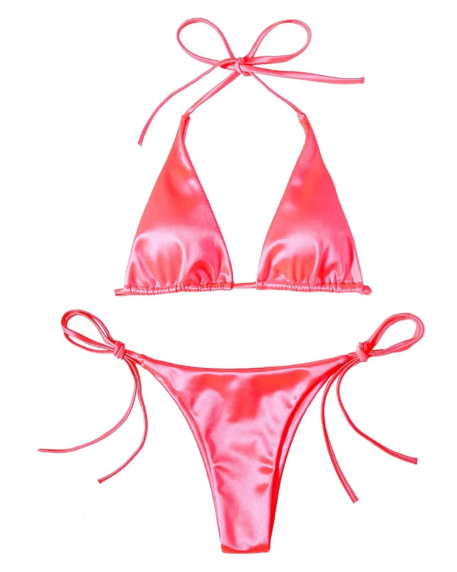 ShimmerWave: Luxe Satin Brazilian Bikini Set