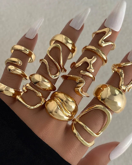 15Pcs/Set Exaggerated Metal Irregular Lines Water Droplet Smooth Rings for Women Men Punk Retro Boho Fashion Jewelry Gift Caethelstore.com