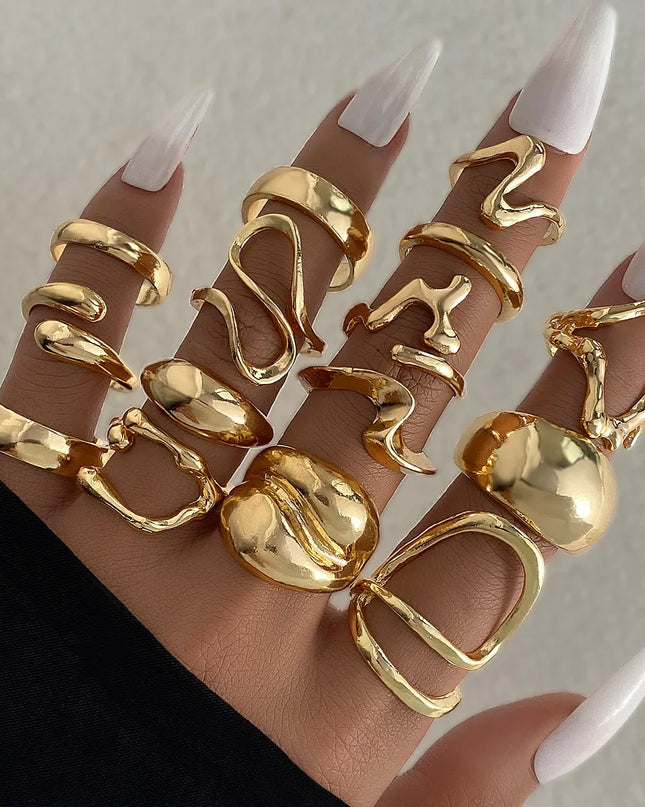 15Pcs/Set Exaggerated Metal Irregular Lines Water Droplet Smooth Rings for Women Men Punk Retro Boho Fashion Jewelry Gift Caethelstore.com