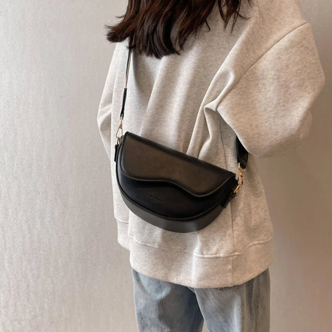 Women's Vintage Solid Color Flap Small Saddle Shoulder & Underarm Bag | Fashion PU Leather Wide Strap Crossbody Bag