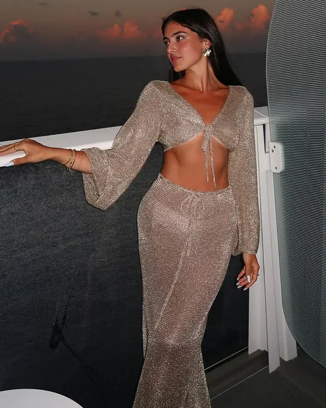 Metallic Gold Tank Top Long Skirt Knit 2 Piece Set