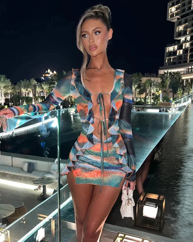 hirigin Women Ruffle Mini Dress Sexy Deep V Neck Cutout Mesh See Through Bodycon Short Dress Tie Dye Summer Beach Sundress
