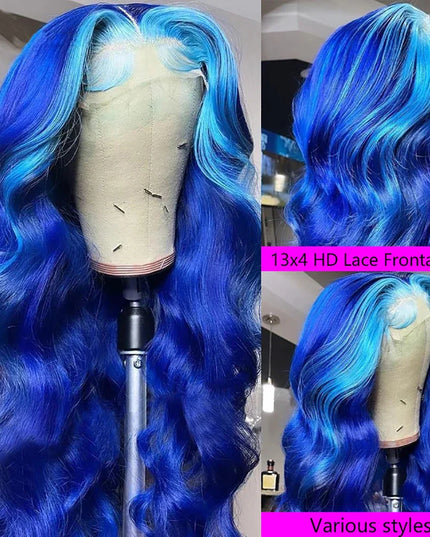 13x4 Lace Front Wig Blue Body Wave Wig Natural Highlight Blue Streak Wave Wigs for Womenen Synthetic Glueless Wigs Daily
