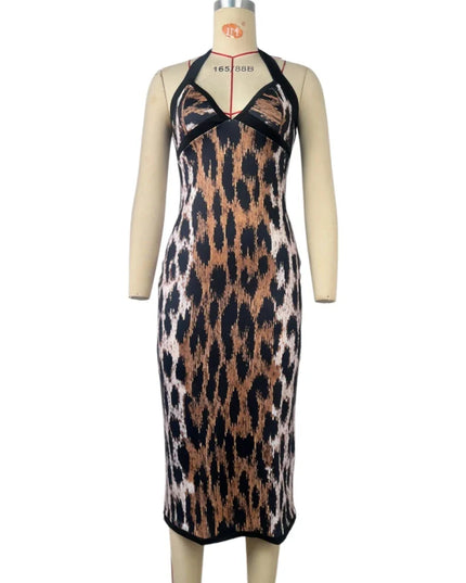 Leopard Print V-Neck Sleeveless Midi Dress
