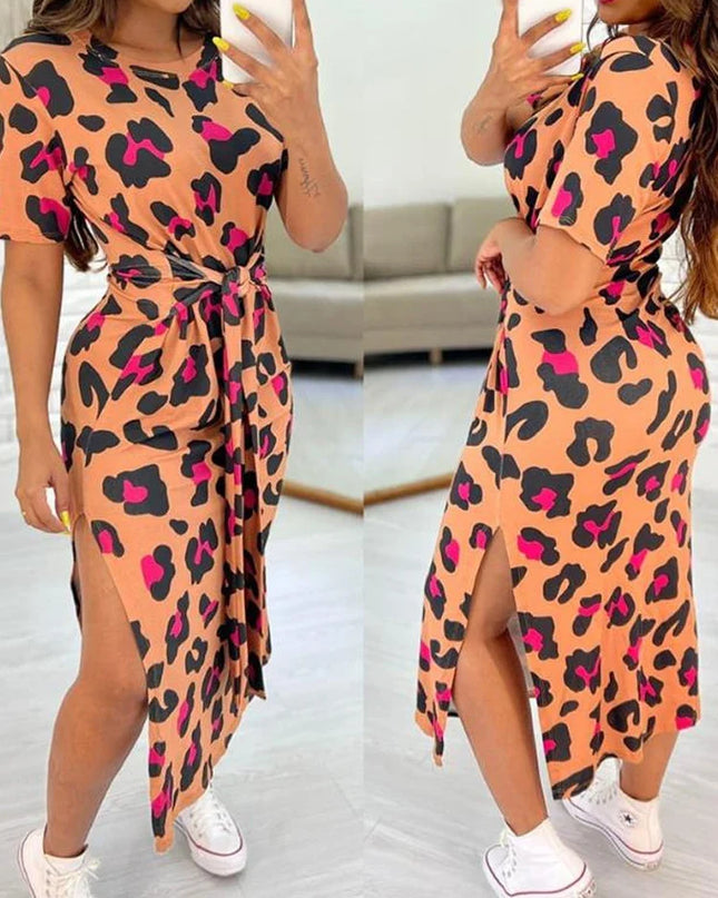 White Leopard Print Dress Tied Detail Slit Side Split Dress