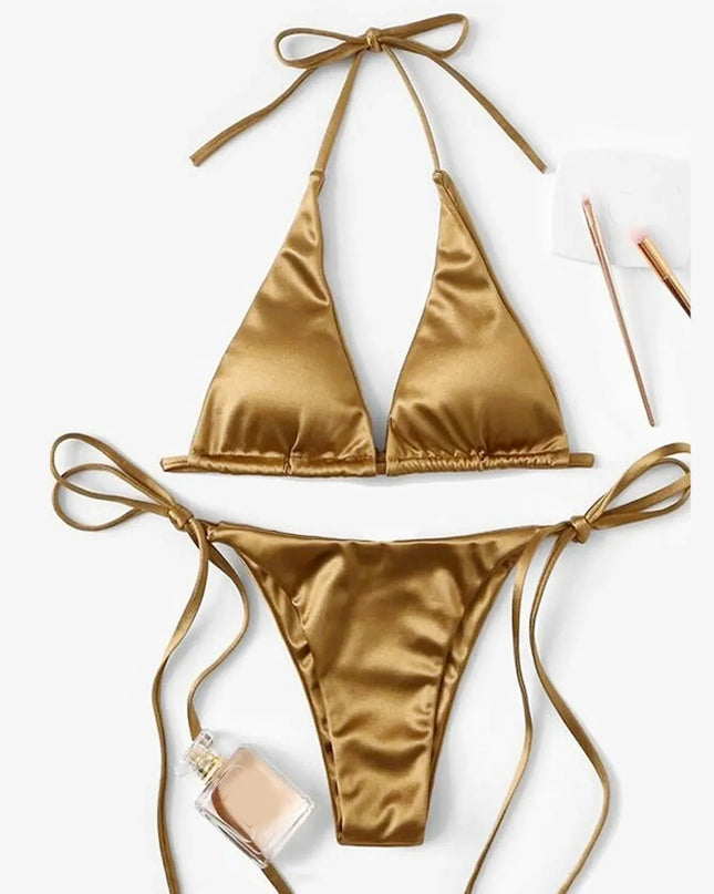 ShimmerWave: Luxe Satin Brazilian Bikini Set