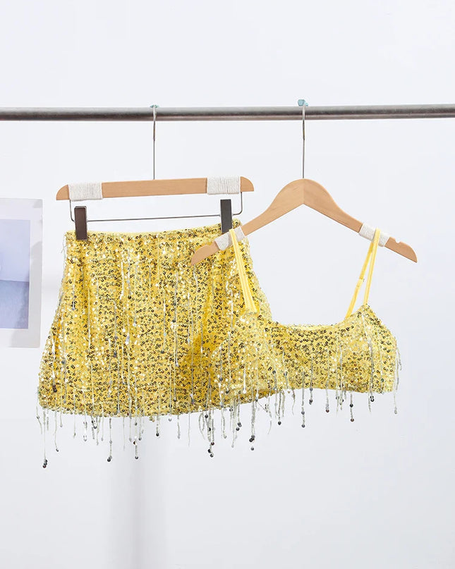 Sexy Tassel Chains Women's Set Elegant Solid Sequins Hip Package Female Party Mini Skirts Summer Holiday Lady Outfit Beachwear Urban Fashion Icon