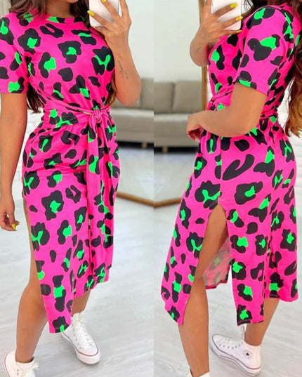 White Leopard Print Dress Tied Detail Slit Side Split Dress