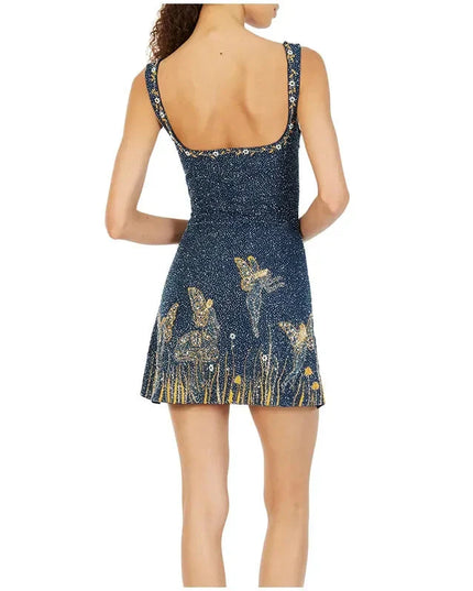 Fashion Square Neck Printed Slim Mini Dress Women Chic Split Sleeveless Backless Strap Dresses Summer Lady High Street Vestidos