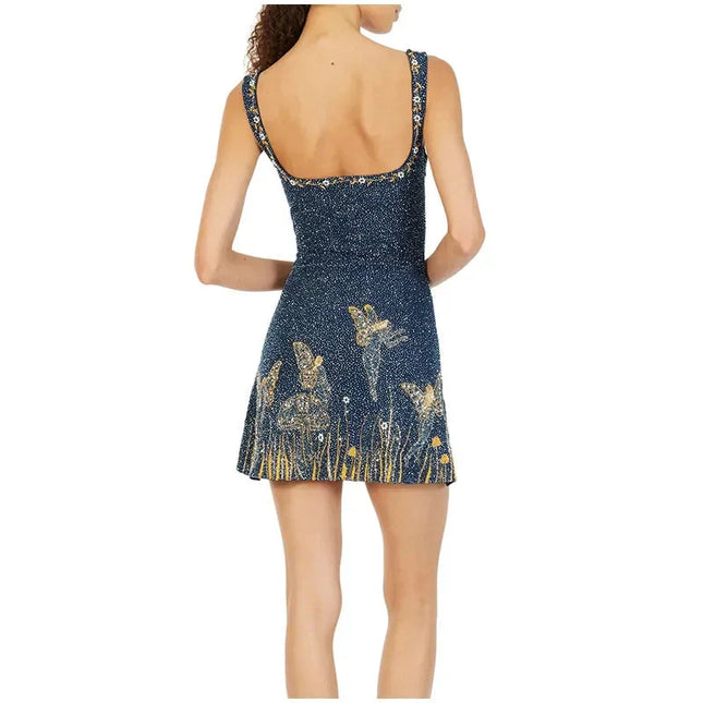 Fashion Square Neck Printed Slim Mini Dress Women Chic Split Sleeveless Backless Strap Dresses Summer Lady High Street Vestidos