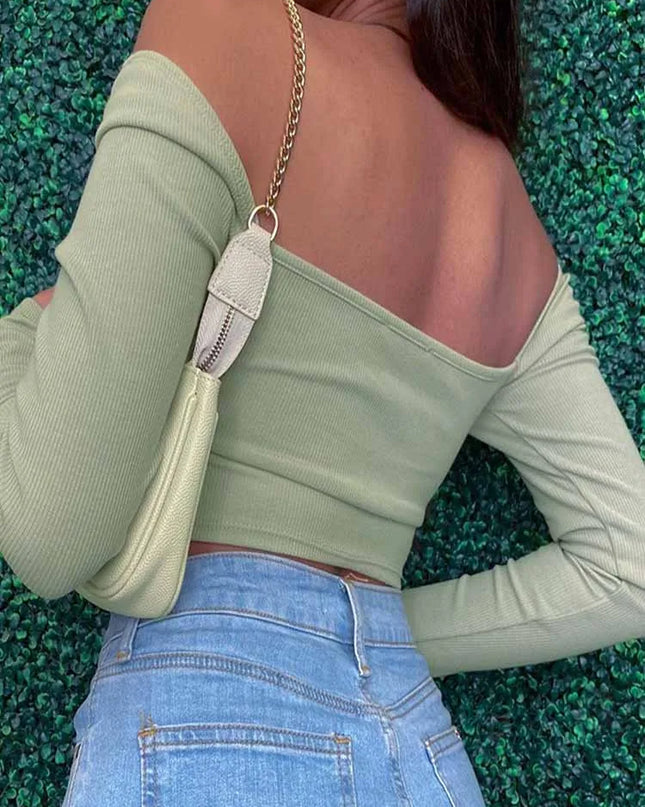 Hollow-Out V-Neck Long Sleeve Crop Top for Women, Spring and Fall Casual Fashion, Square Neck Slim Ribbed T-Shirt, Backless Tee Urban Fashion Icon